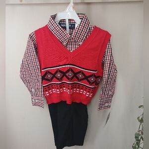 New Happy Fella Red Plaid Suit Set with Sweater Vest Size 2T / 24 months.